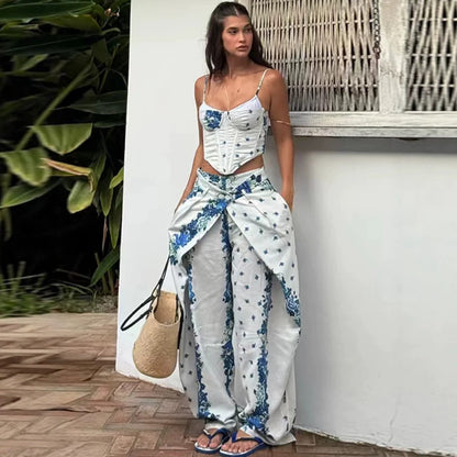 Floral Print Crop Top and Pants Set, Boho Style, Summer Outfit, Allover Print, Sleeveless, Fitted, Casual Wear