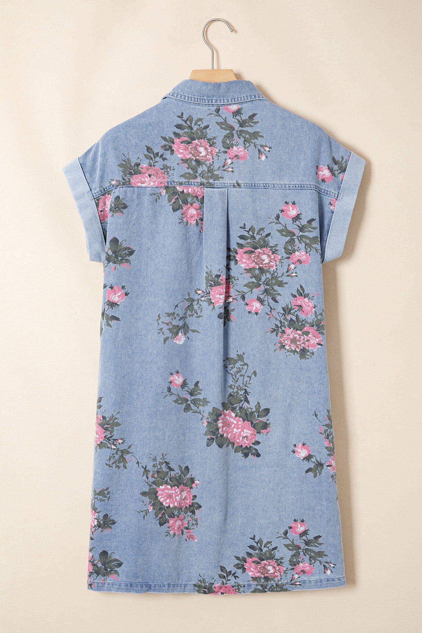 Denim jurk met bloemenprint korte mouwen manchetten zakken en knoopsluiting