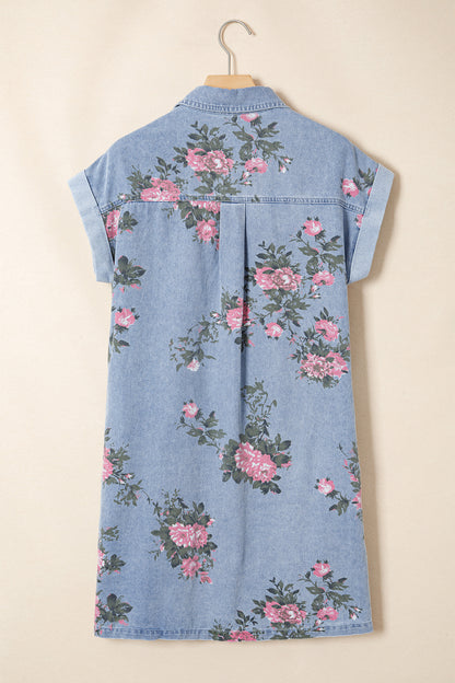 Denim jurk met bloemenprint korte mouwen manchetten zakken en knoopsluiting