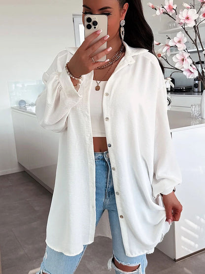 Womens Solid Color Casual Button Shirt
