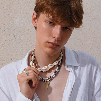 Men's Shell and Shark Tooth Multi-Layer Necklace