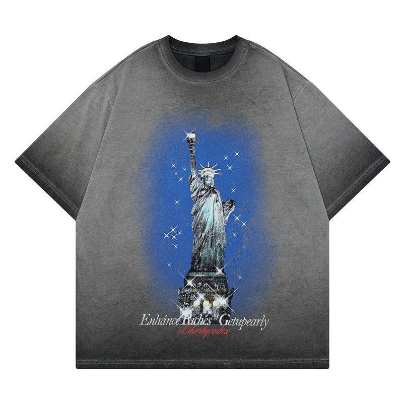 Print Summer Cotton Washed Vintage Short Sleeve T-Shirt