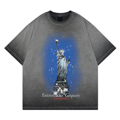 Print Summer Cotton Washed Vintage Short Sleeve T-Shirt