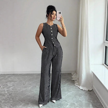 Retro gestreepte mouwloze vest en wijde broek set voor dames