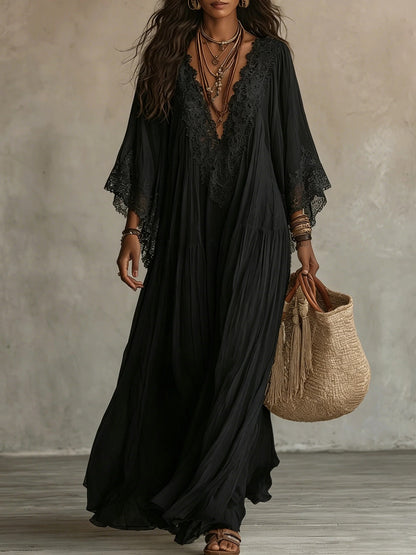 White Lace V-Neck Long Dress with Batwing Sleeves for Beach Holiday