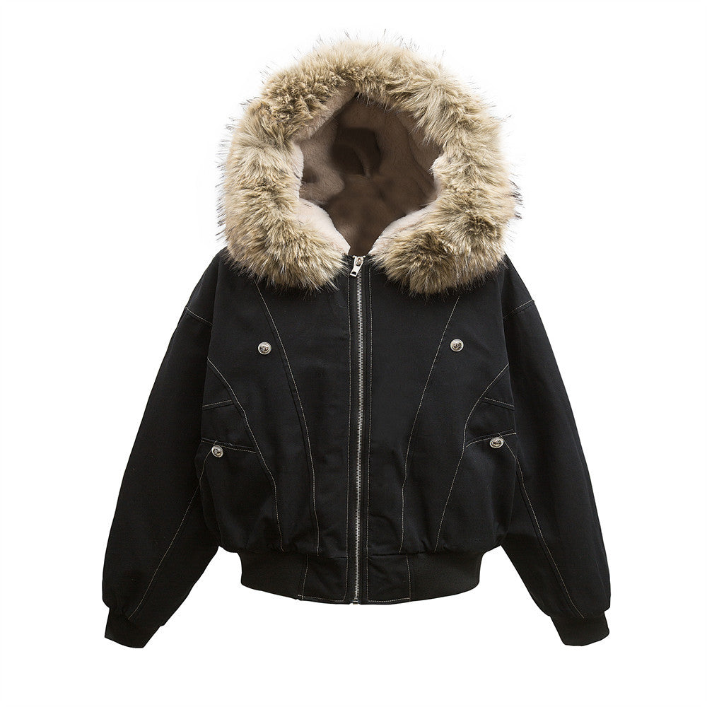 Canvas jacket met capuchon imitatiebont kraag en voering
