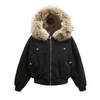 Canvas jacket met capuchon imitatiebont kraag en voering