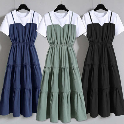 Plus Size Women's  Strap Fake Two-Piece Long Dress Fat Girl Waist-Slimming Short Sleeve Dress