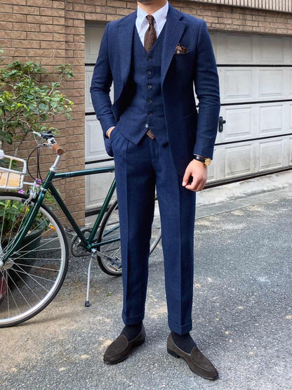 Engelse Retro Visgraat Wol Slim-Fit Heren 3-Delig Pak