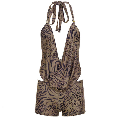 Tweedelig setje met halter-watervalhals en luipaardprint