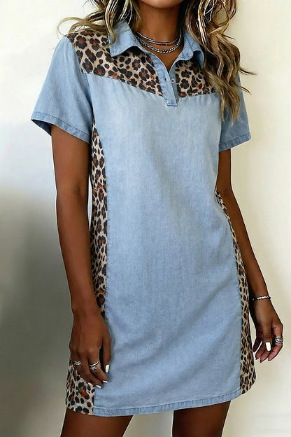Myosotis Denim Color Block Leopard Patchwork Shirt Collar Mini-jurk