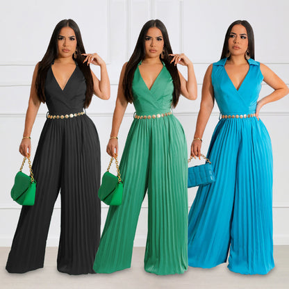 Mouwloze jumpsuit met plooien V-hals en wijde pijpen