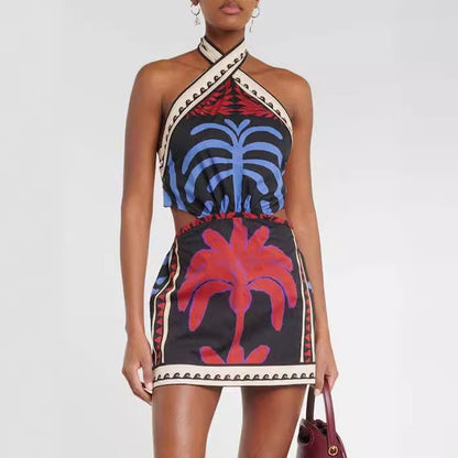 Summer fashion vacation hanging neck backless printed sexy beach skirt dress