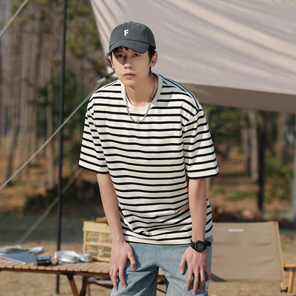 Short sleeved striped T-shirt men's summer new loose fit