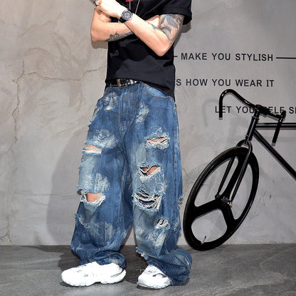 Retro distressed distressed heavy-duty wide leg loose jeans