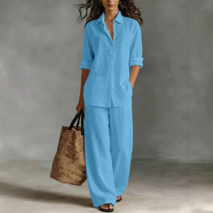 Casual katoen-linnen blouse en broekset voor dames