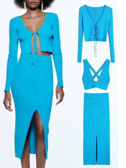 Ribgebreide vest/top/midi-rok of als 3-delige set