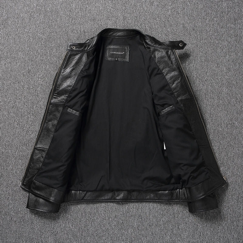Men's Cowhide Leather Biker Jacket Windproof Stand Collar