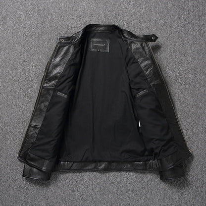 Men's Cowhide Leather Biker Jacket Windproof Stand Collar