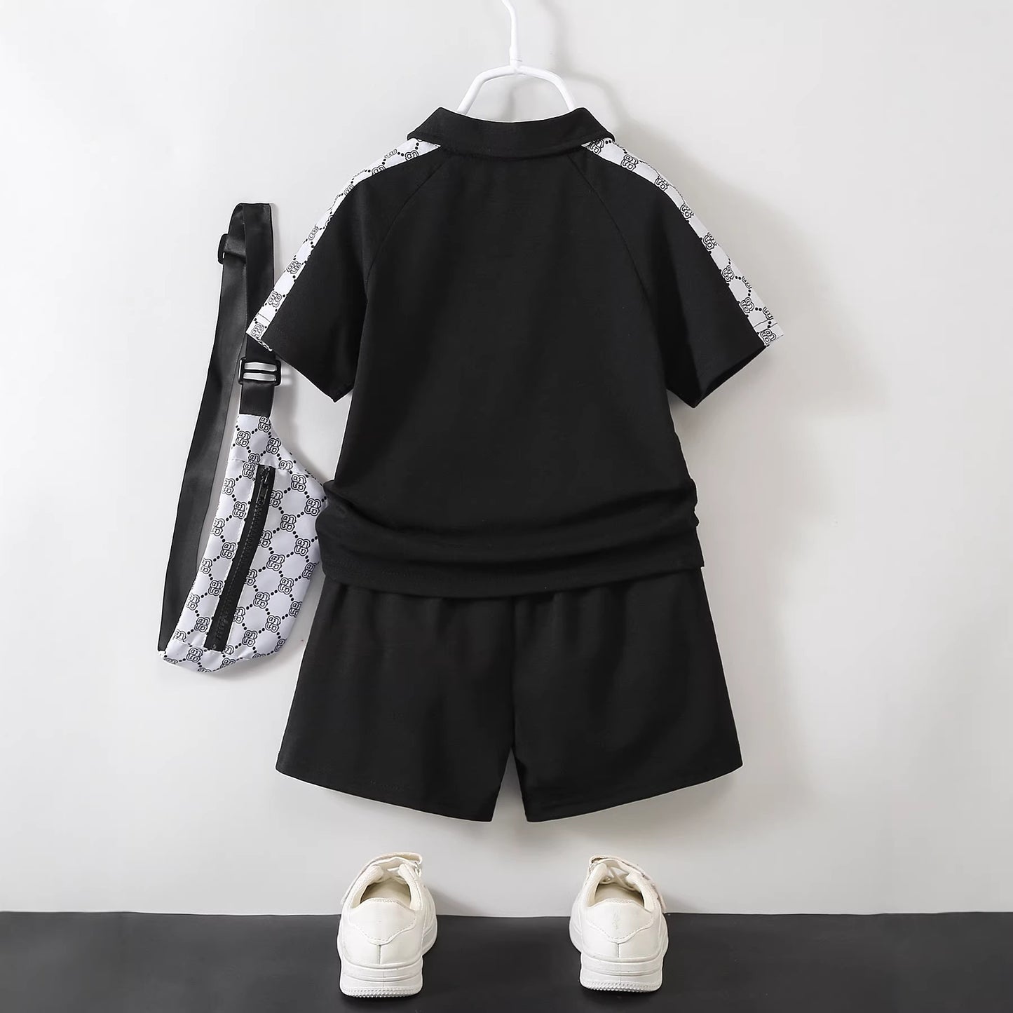 polo shirt short sleeve set,printed three-piece set