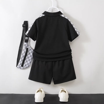 polo shirt short sleeve set,printed three-piece set