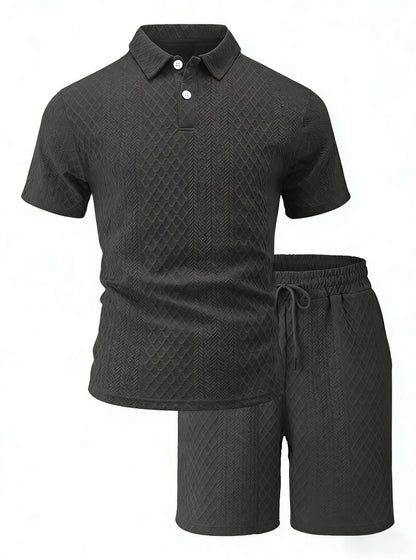Mens Jacquard Lapel Polo Shirt Shorts Set