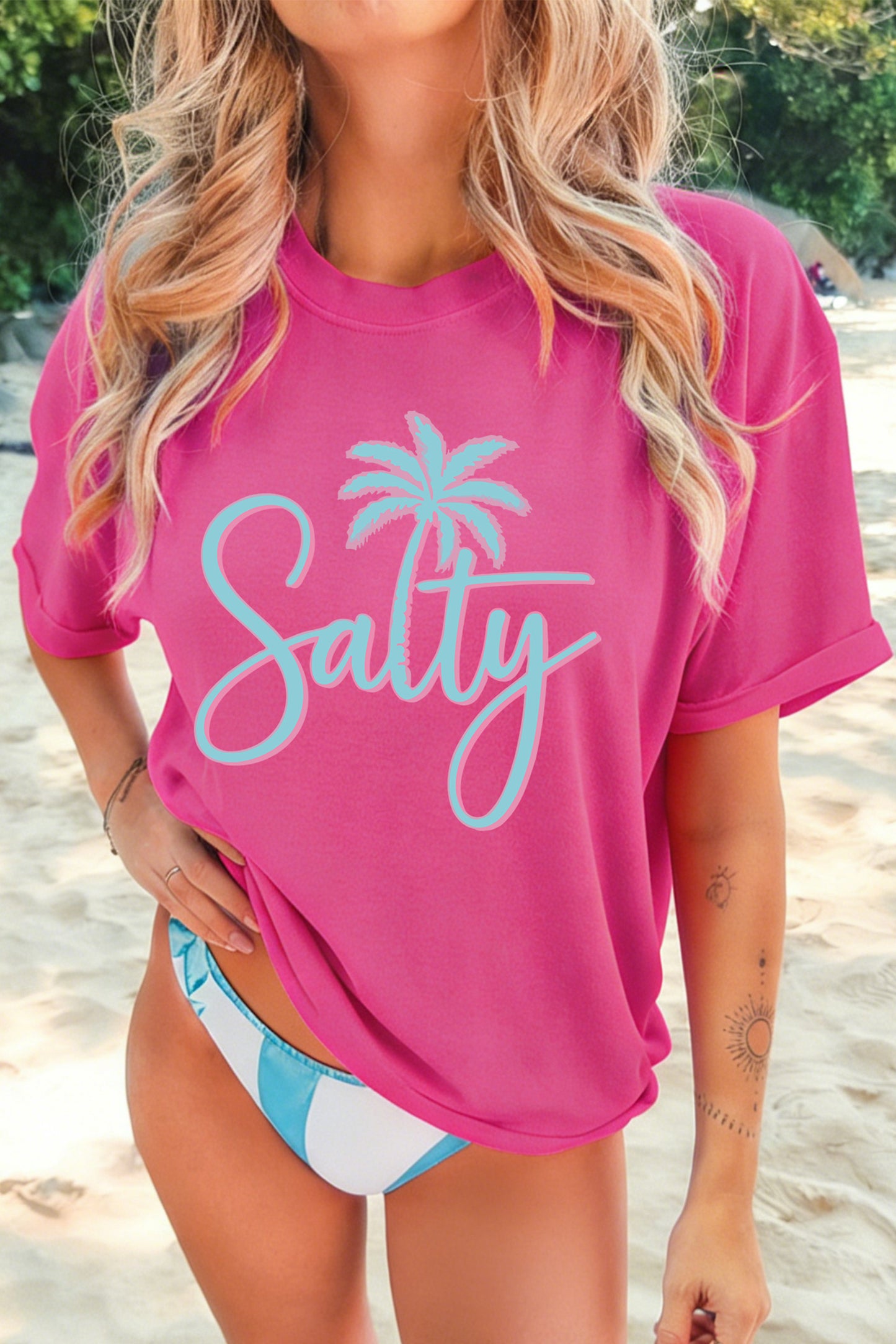 Roze rood T-shirt met print van een zoutige palmboom