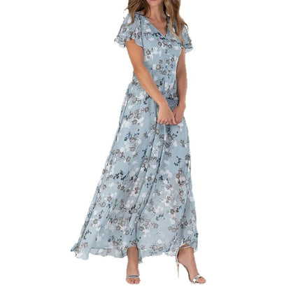 Womens Floral Print Chiffon V Neck Ruffled Swing Dress Short Sleeve Midi Beach Long Dress
