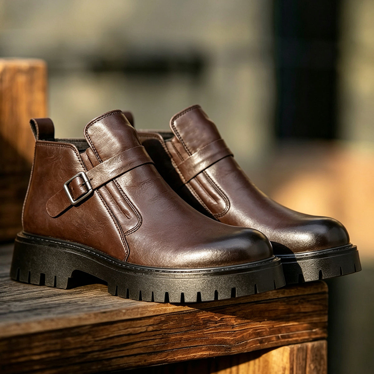Mens Chunky Heel Leather Boots