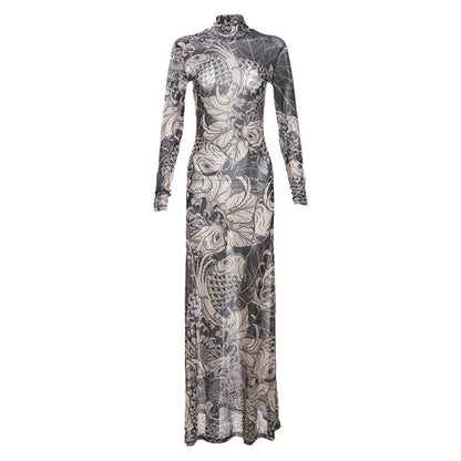 Women Autumn Winter Long Sleeve Mesh See Through Streetwear Bodycon Long Dress Wholesale Items For Business