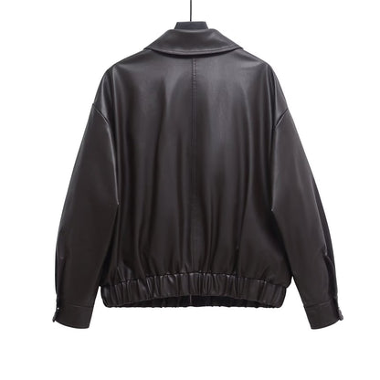 PU-leren jack met ritssluiting zakken en elastische taille