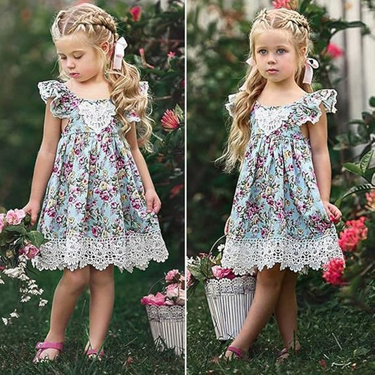 Boho jurk voor peutermeisjes met bloemenprint en kanten details