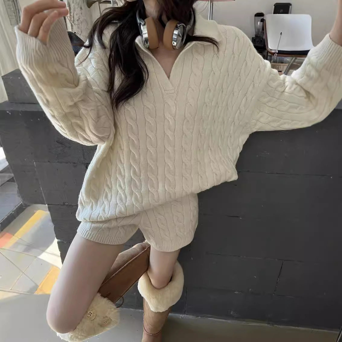 Revers Afslankend Los Casual Kabelgebreide Trui Shorts Modepak