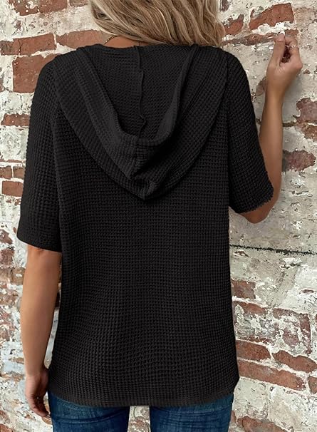 Dames zomer wafel gebreide hoodie met korte mouw