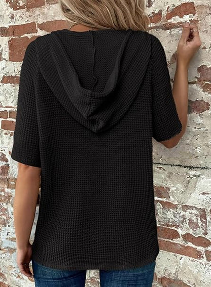 Dames zomer wafel gebreide hoodie met korte mouw