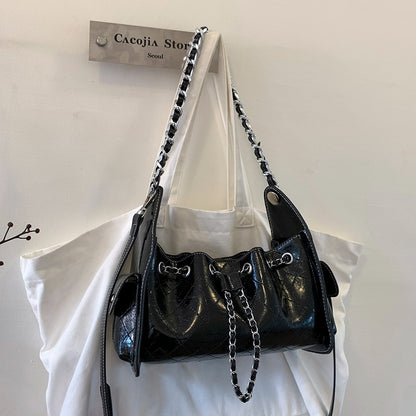 Women's Quilted Diamond Pattern PU Leather Chain Drawstring Shoulder Bag