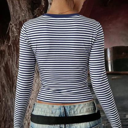 Womens Striped Slim-Fit V-Neck Long Sleeve T-Shirt
