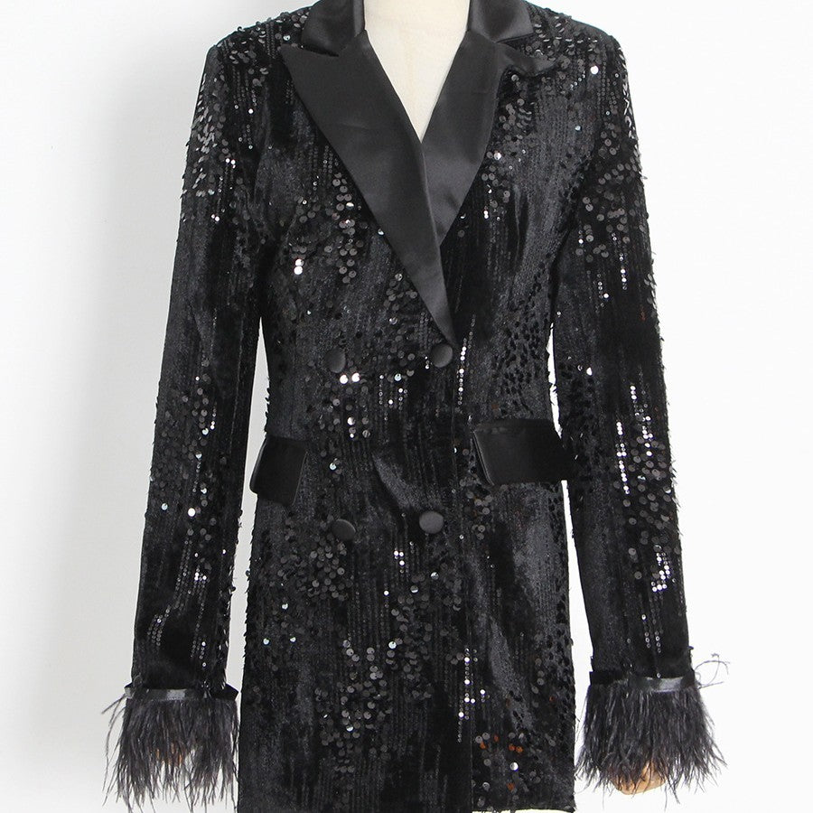 Lange Mouw Pailletten Blazer Met Veren Manchetten