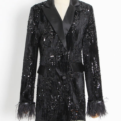 Lange Mouw Pailletten Blazer Met Veren Manchetten