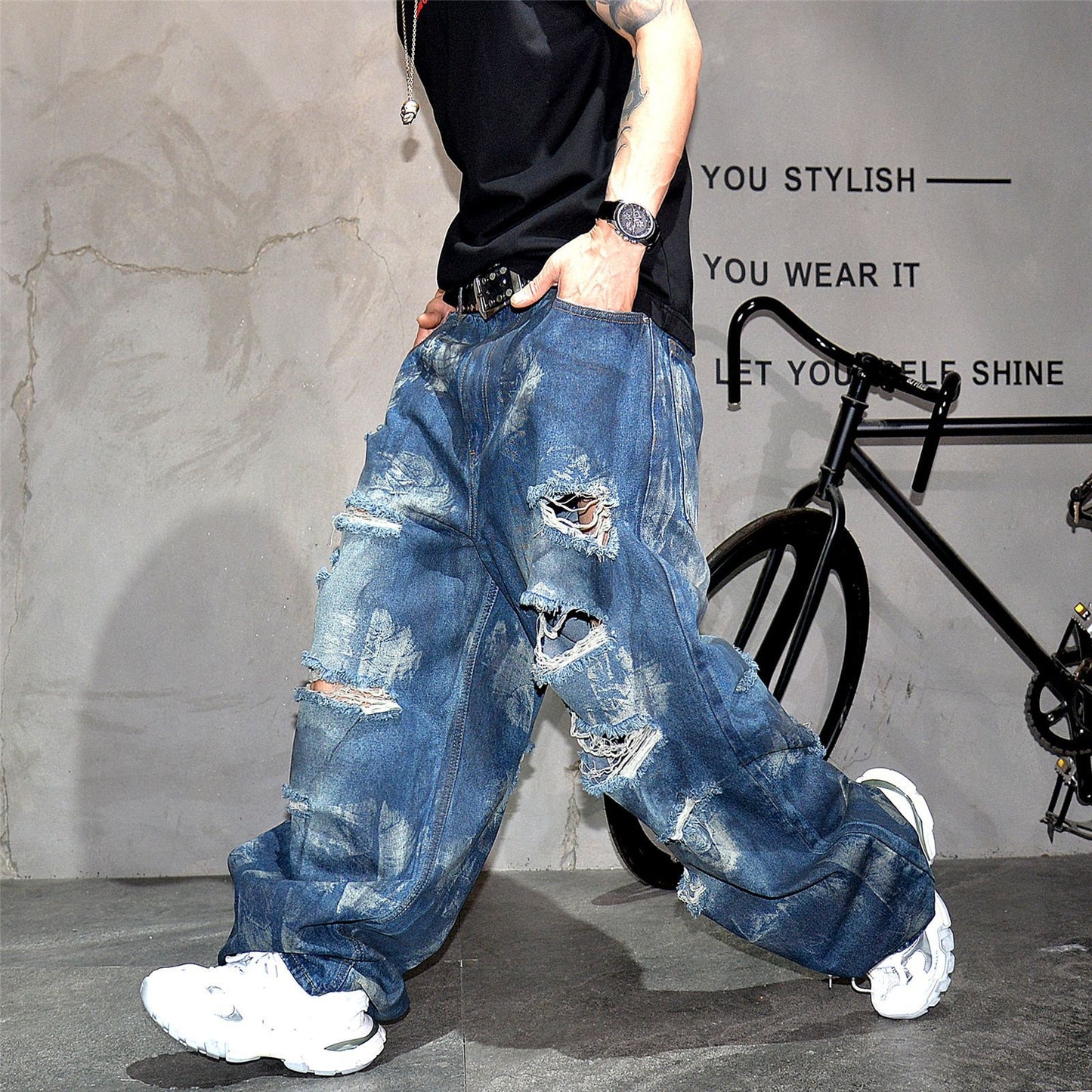 Retro distressed distressed heavy-duty wide leg loose jeans