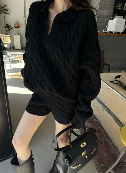 Revers Afslankend Los Casual Kabelgebreide Trui Shorts Modepak