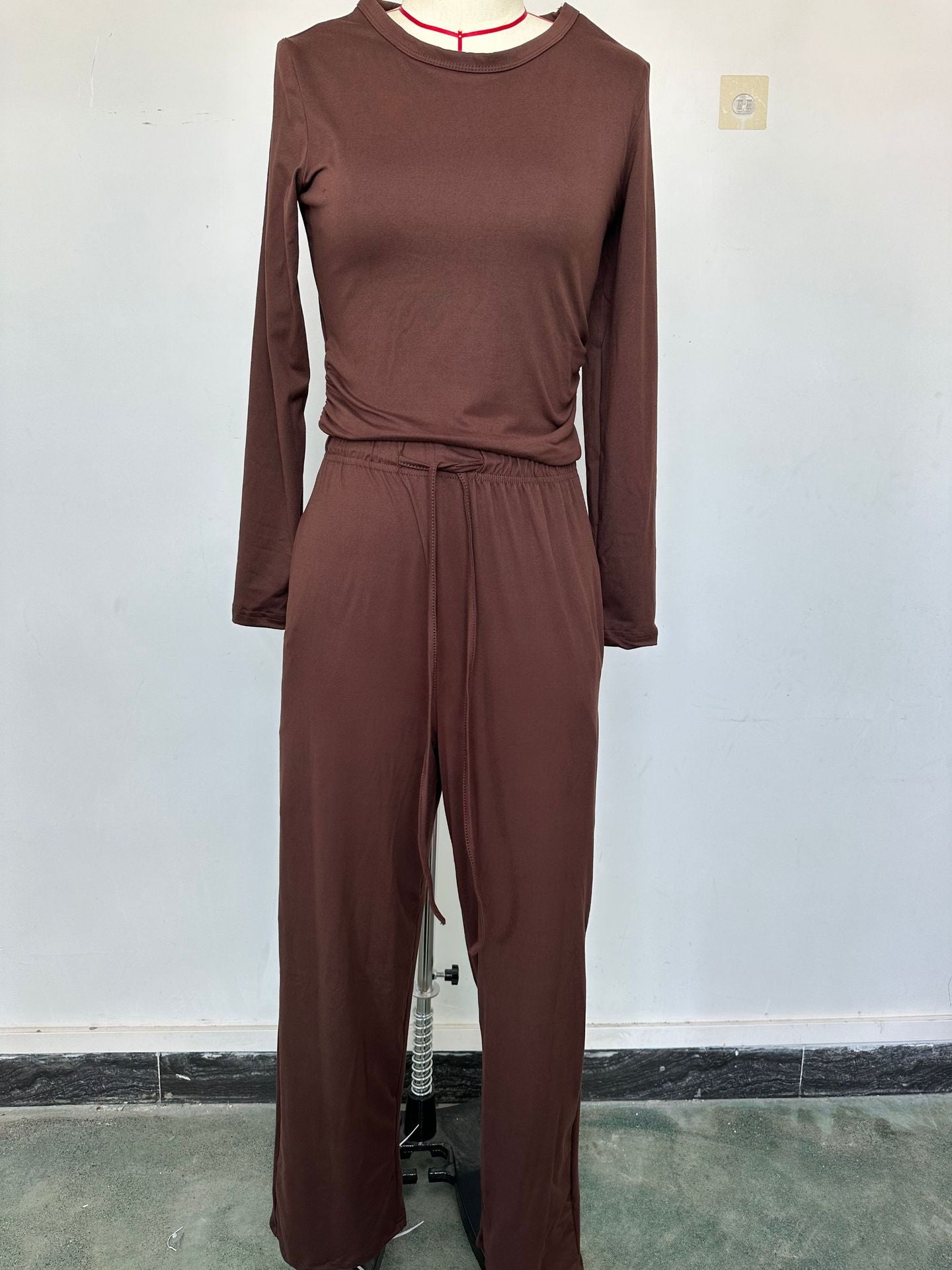 Casual Solid Color Long Sleeve Top & High-Waisted Wide Leg Pants Set Sportswear