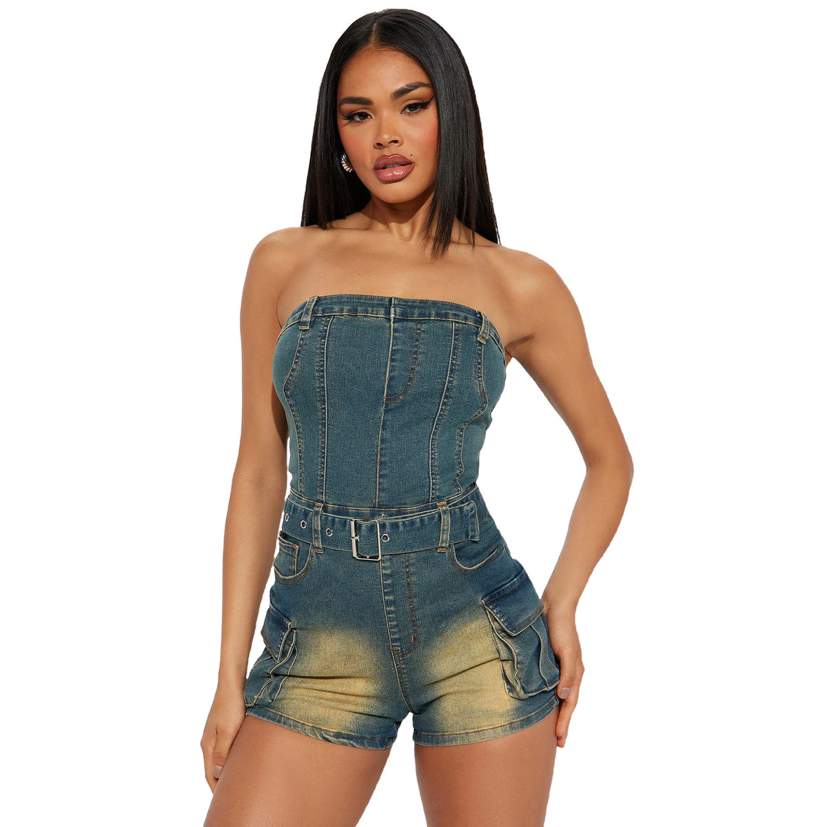 Strapless denim jumpsuit met zakken en ceintuur
