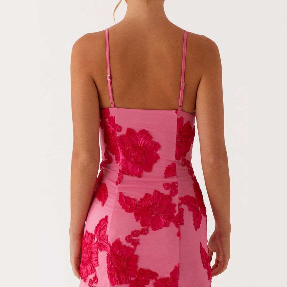 three-dimensional floral print spaghetti-strap mini dress