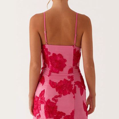 three-dimensional floral print spaghetti-strap mini dress
