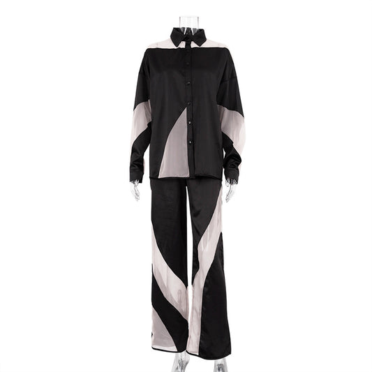 EU tweedelige losse geplooide broek met hoge taille en casual shirts met lange mouwen