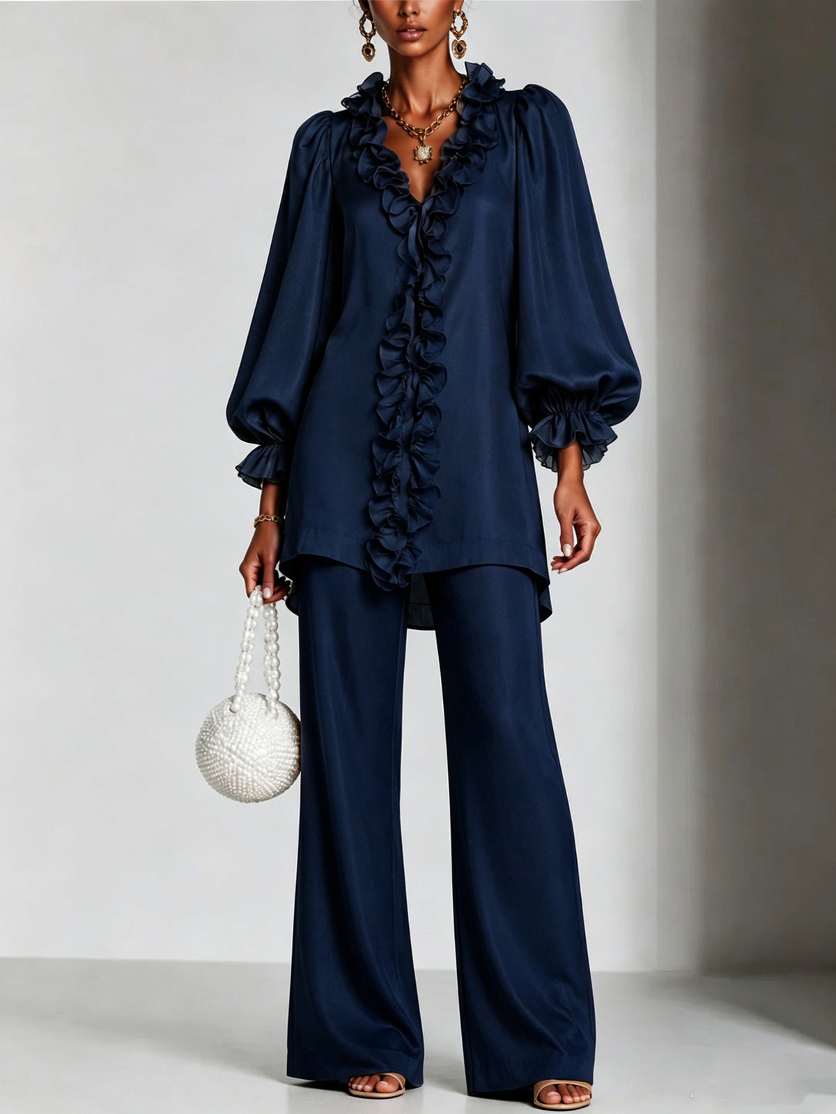 long-sleeve lace V-neck solid color women's clothing