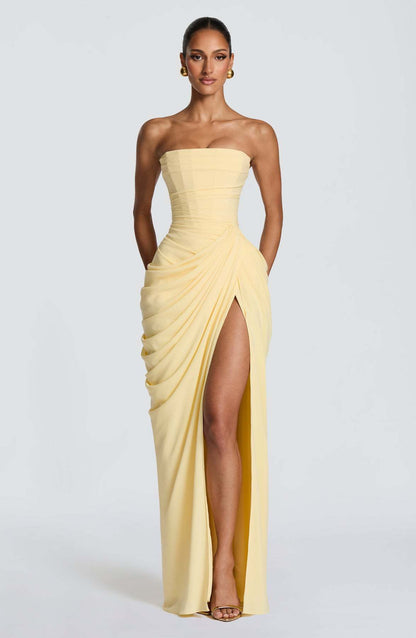 Off-shoulder ruffled slit dress