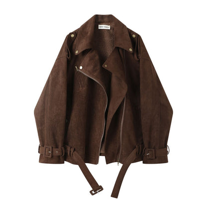 Vintage Suede Fleece-Lined Short Leather Jacket for Women