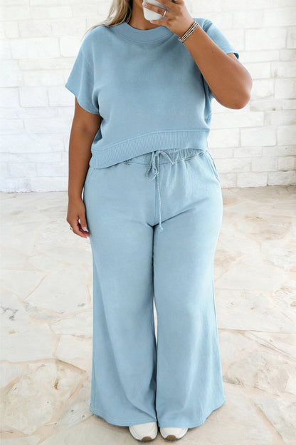 Plus size effen top met ribboord korte mouwen en losse broek met trekkoord 2-delige set